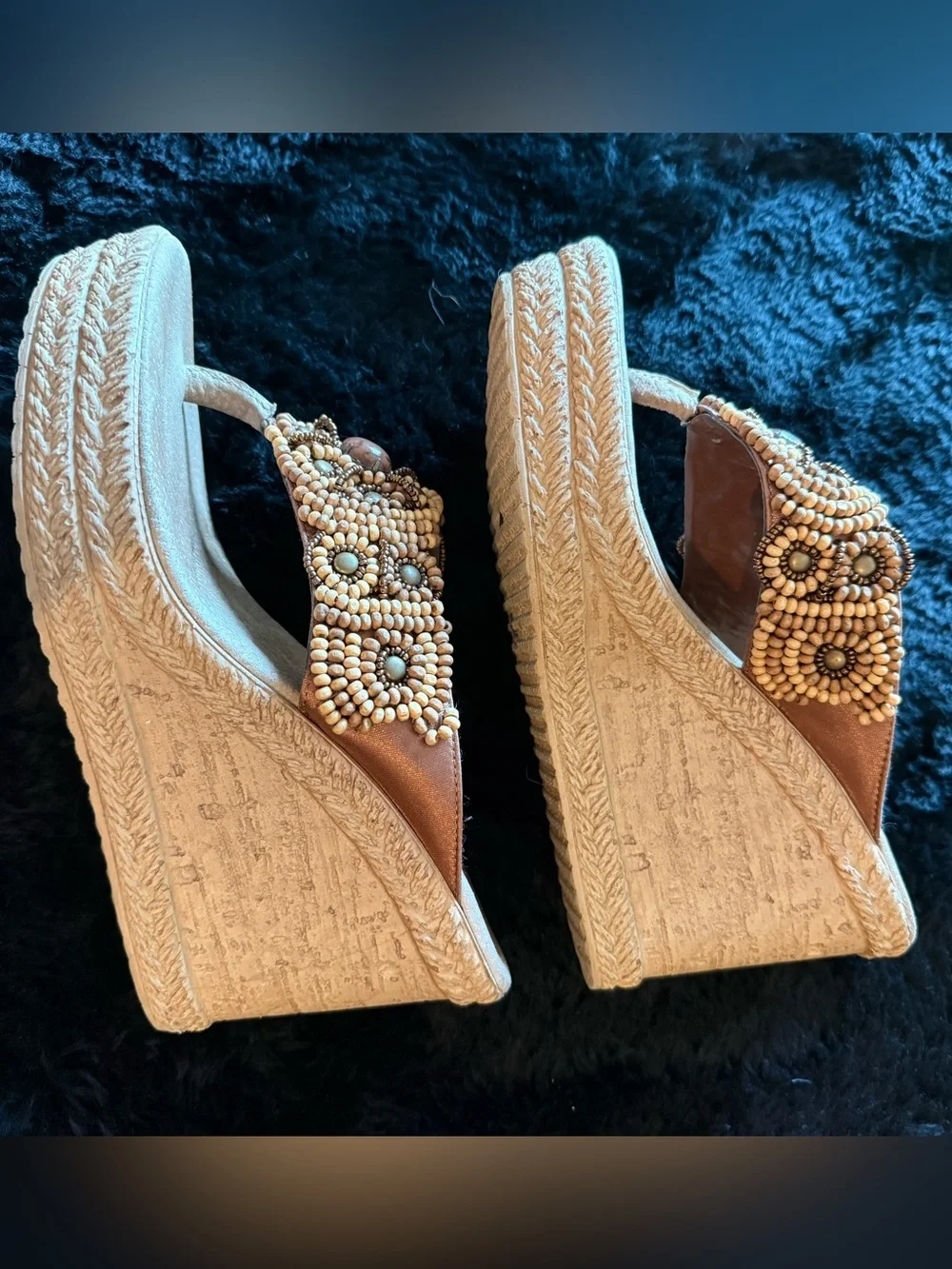 Sbicca Beaded Tan Platform Wedge Sandals